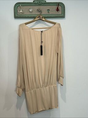 Dolls Kill Y2K off the shoulder Neutral Beige Long Sleeve Drop-Waist Mini Dress